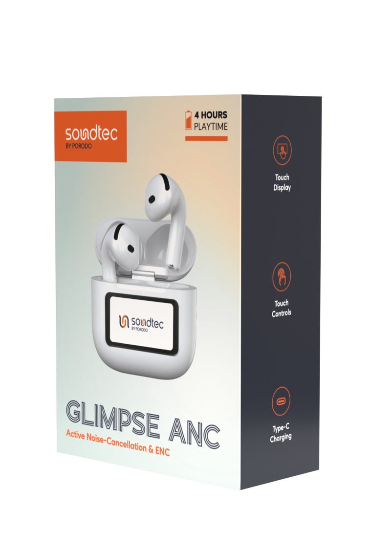 Soundtec TWS ANC+ENC Earphone with Touch Screen / 4 Hour Play Time / Type-C Charging / 10 Meter Transmission Range / Personalized App Control / High-Fidelity Audio / Touch Display - White