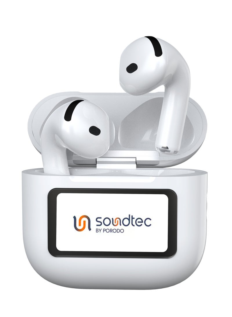 Soundtec TWS ANC+ENC Earphone with Touch Screen / 4 Hour Play Time / Type-C Charging / 10 Meter Transmission Range / Personalized App Control / High-Fidelity Audio / Touch Display - White