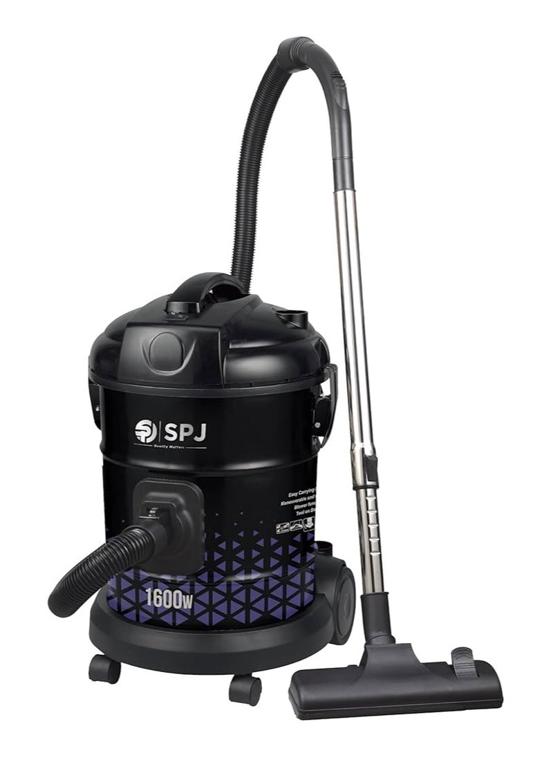 SPJ Vacuum Cleaner, 1600W Drum Vacuum Cleaner, 22L Capacity, 100% Copper Motor, Dust Full Indicator, Solid And Durable Iron Tank, Easy Parking Nozzle, Home & Office, BLACK, DVCW-BL22L01