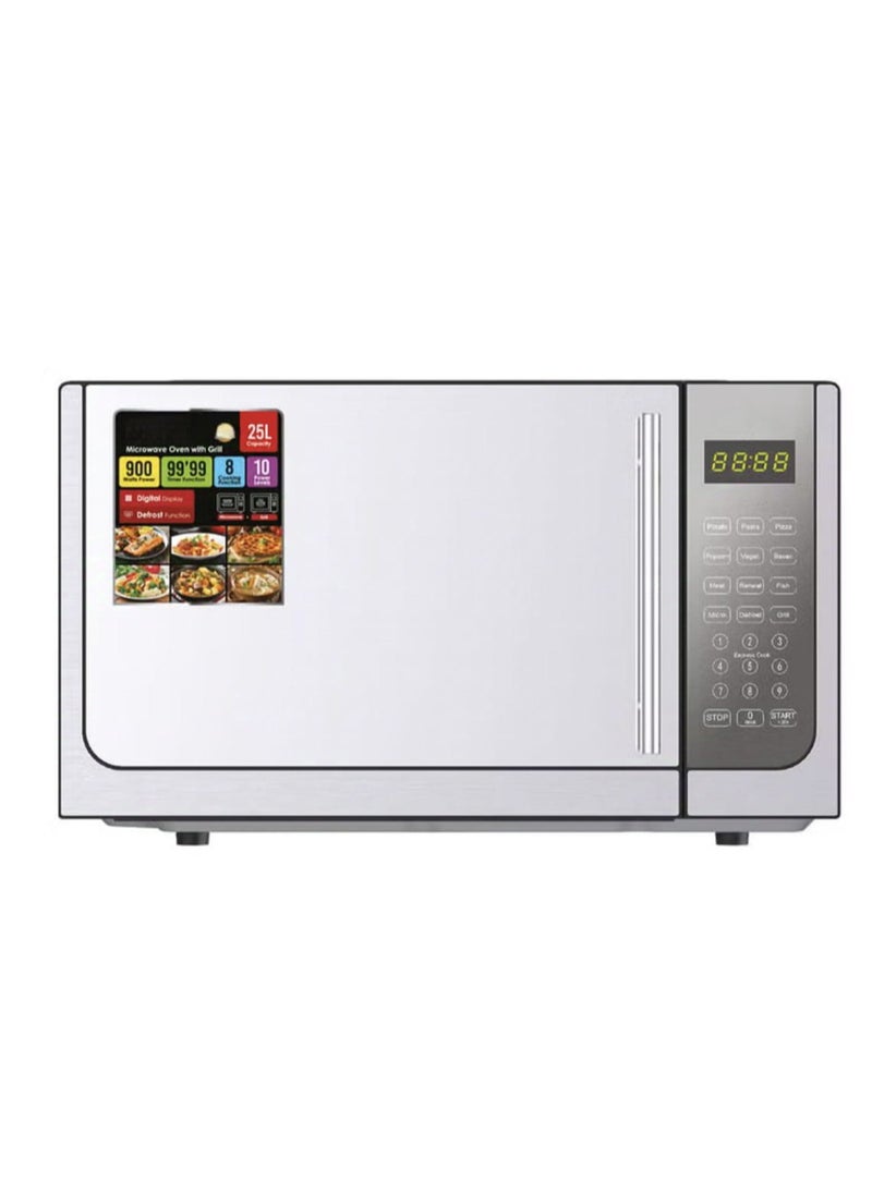 Microwave Oven with Grill 25L | Digital Display, Mirror Finish Glass Door | 10 Power Levels, 8 Cooking Functions | 900W Countertop Microwave for Reheating, Grilling & Baking