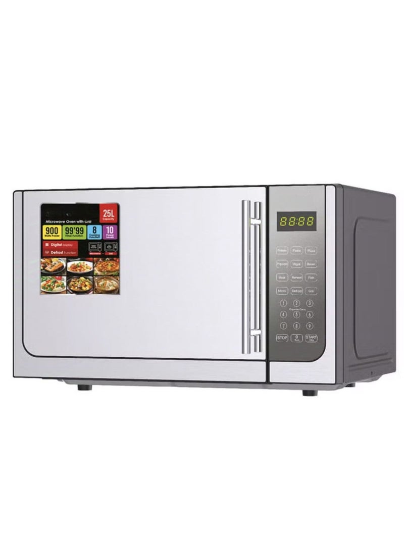 Microwave Oven with Grill 25L | Digital Display, Mirror Finish Glass Door | 10 Power Levels, 8 Cooking Functions | 900W Countertop Microwave for Reheating, Grilling & Baking