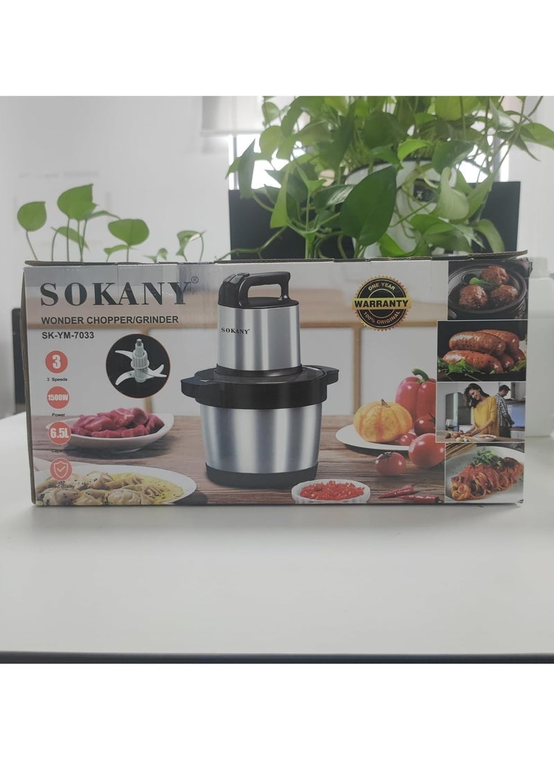 SOKANY 1500W Meat Grinder Electric, Food Grinder 6.5L Stainless Steel Meat Blender Food Chopper for Meat, Vegetables, Fruits and Nuts with 4 Sharp Blades.. (SK-YM-7033, 1500W, 6,5L)