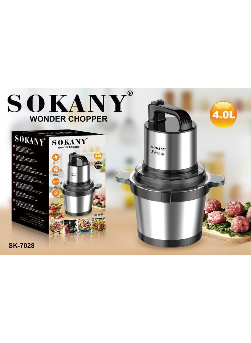 SOKANY 800W Electric Food Chopper, 4L Robust Stainless Steel Bowl Mince and Blend Vegetables, Fruits, Nuts, Meats, Stainless Steel Blade(SK-7028, 800W, 4L)