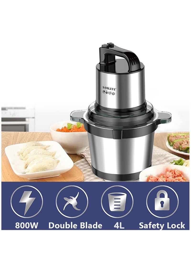 SOKANY 800W Electric Food Chopper, 4L Robust Stainless Steel Bowl Mince and Blend Vegetables, Fruits, Nuts, Meats, Stainless Steel Blade(SK-7028, 800W, 4L)