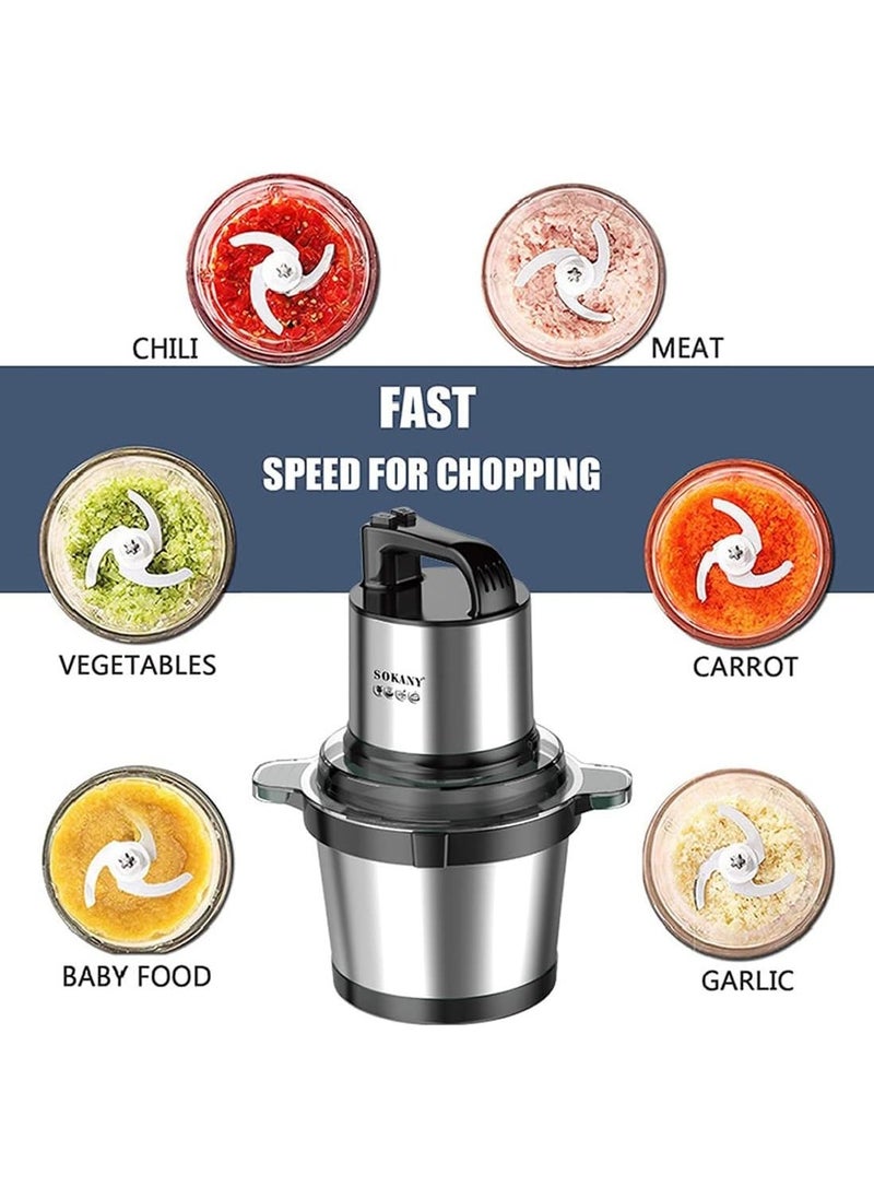 SOKANY 800W Electric Food Chopper, 4L Robust Stainless Steel Bowl Mince and Blend Vegetables, Fruits, Nuts, Meats, Stainless Steel Blade(SK-7028, 800W, 4L)