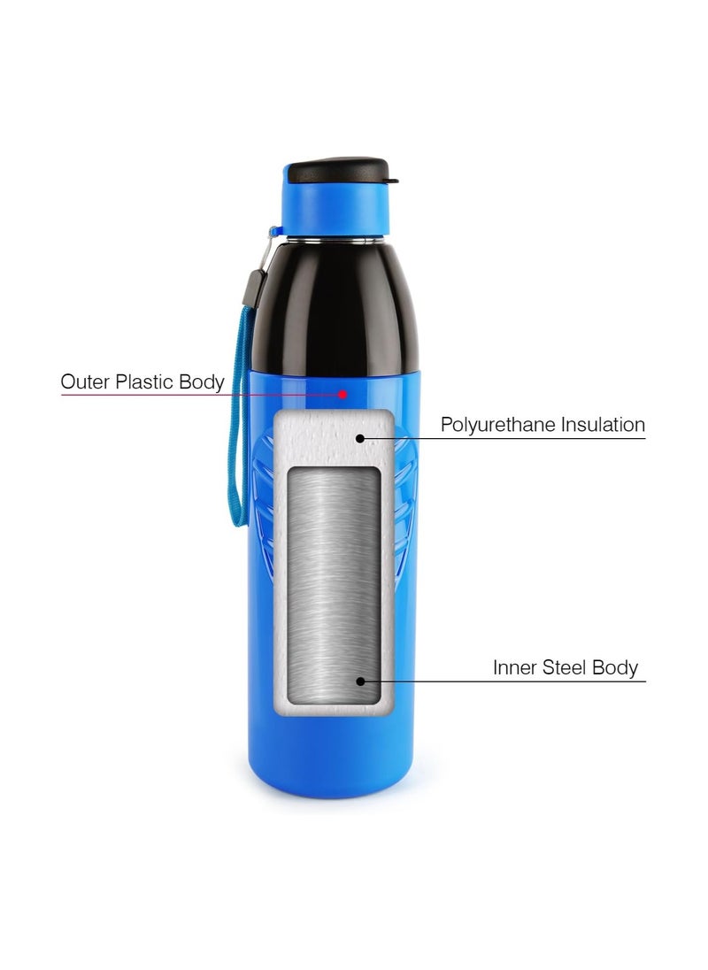 Puro Steel-X Zen Inner Steel Outer Plastic with PU Insulation Water Bottle, Set of 4, 600ml, Blue