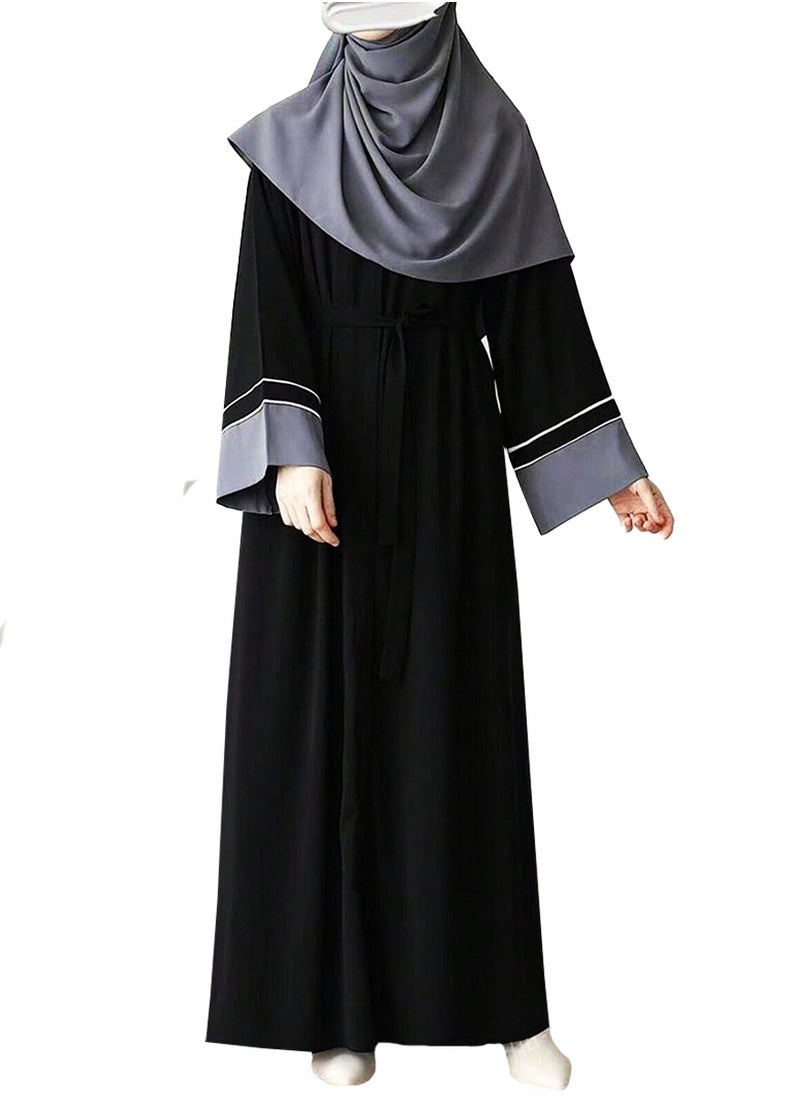 Elegant Black Abaya with Contrast Gray Detailing