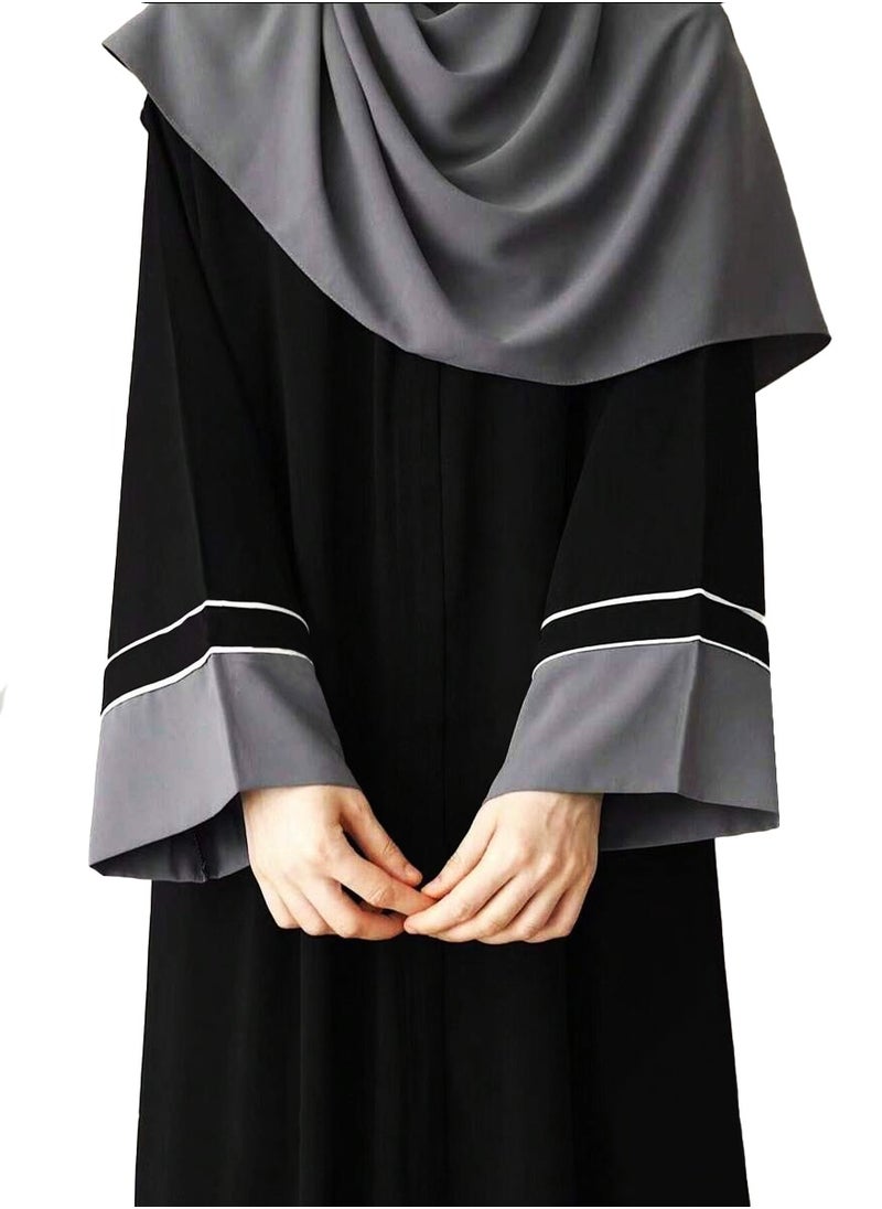 Elegant Black Abaya with Contrast Gray Detailing