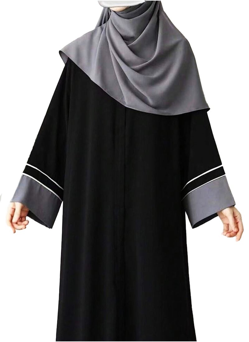 Elegant Black Abaya with Contrast Gray Detailing