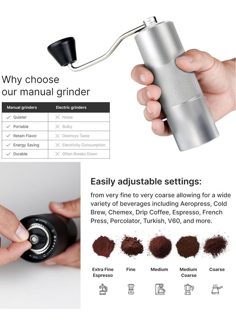 Manual Coffee Grinder, Hand Crank Coffee Grinder - Stainless Steel Conical Burr Coffee Grinder Manual with Adjustable Setting Double Bearing Hand Espresso Grinder Perfect for Home, Office, and Camping