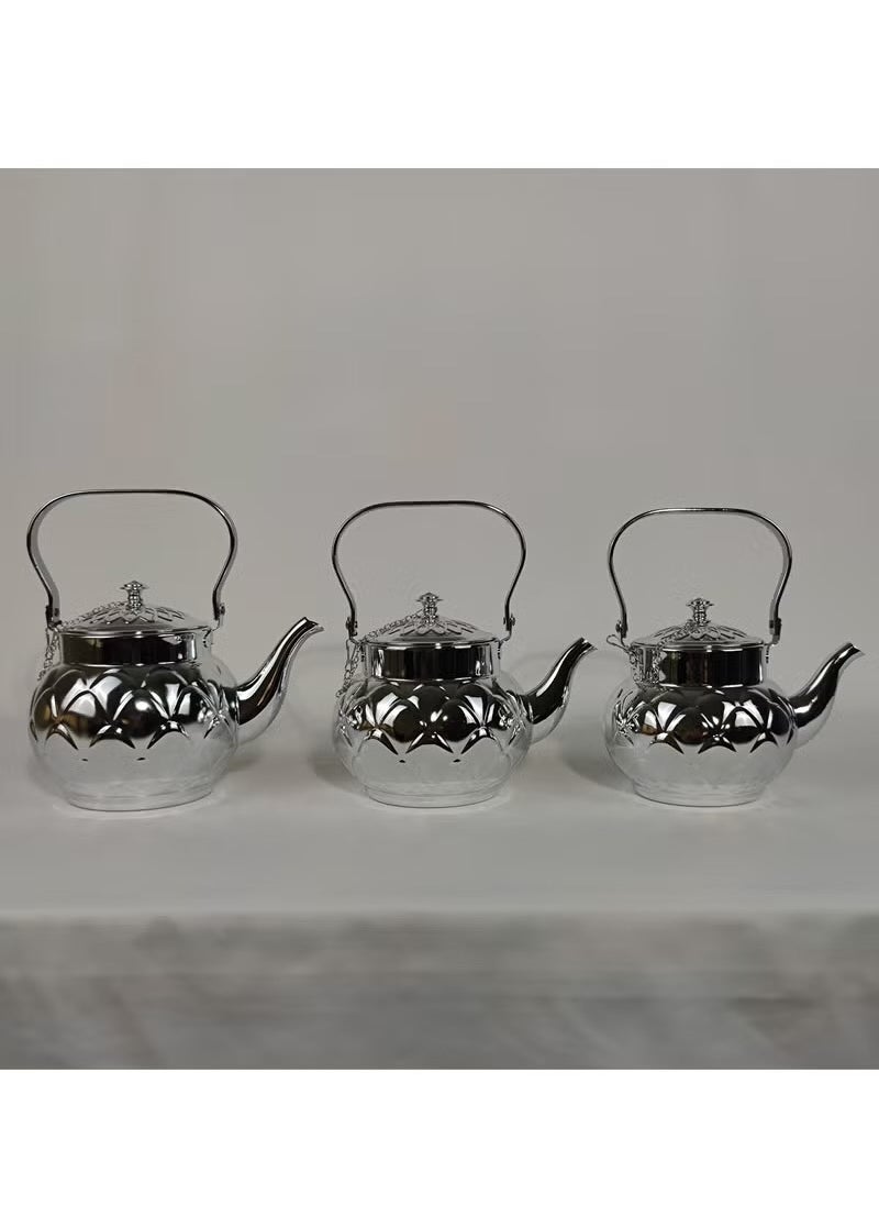 Set of 3 Food Grad Stainless Steel Arabic Style Teapot Luxury Floral Engraved Design Tea Kettle with Attached Lid