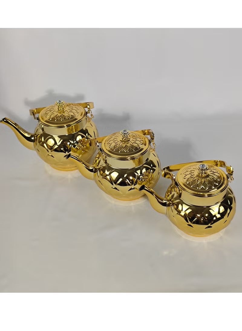 Set of 3 Food Grad Stainless Steel Arabic Style Teapot Luxury Floral Engraved Design Tea Kettle with Attached Lid