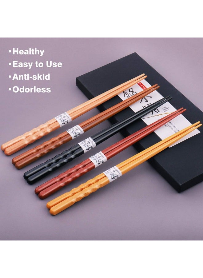 Reusable Chopsticks Japanese Natural Wooden 5 Pairs Classic Style Lightweight Hand-Carved Safe Chop Sticks 8.8 Inch/22.5Cm Gift Set