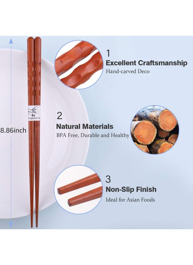 Reusable Chopsticks Japanese Natural Wooden 5 Pairs Classic Style Lightweight Hand-Carved Safe Chop Sticks 8.8 Inch/22.5Cm Gift Set