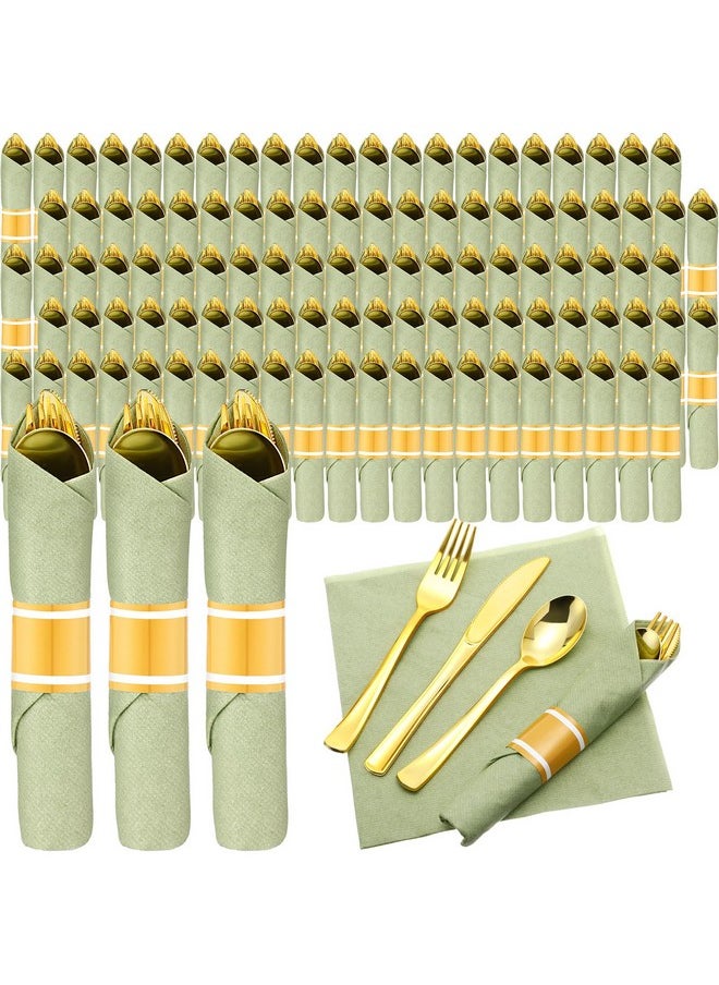 100 Pack Rolled Silverware Pre Rolled Silverware Set Disposable Wrapped Plastic Cutlery Set Disposable Utensils Includes Forks, Knives, Spoons, Napkins Wrapped For Wedding Party (Gold,Green)