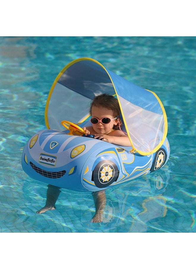 Toddler Pool Float Inflatable Car Baby Swim Float With Adjustable Sun Canopy And Safety Seat Pool Toys For Kids 1-4 Years Old (Blue Sports Car)