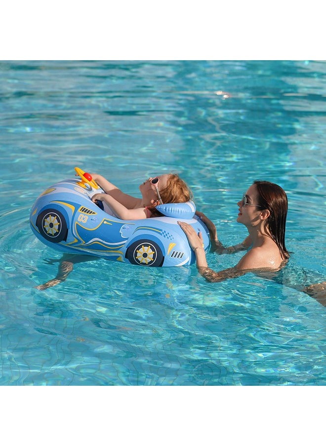 Toddler Pool Float Inflatable Car Baby Swim Float With Adjustable Sun Canopy And Safety Seat Pool Toys For Kids 1-4 Years Old (Blue Sports Car)