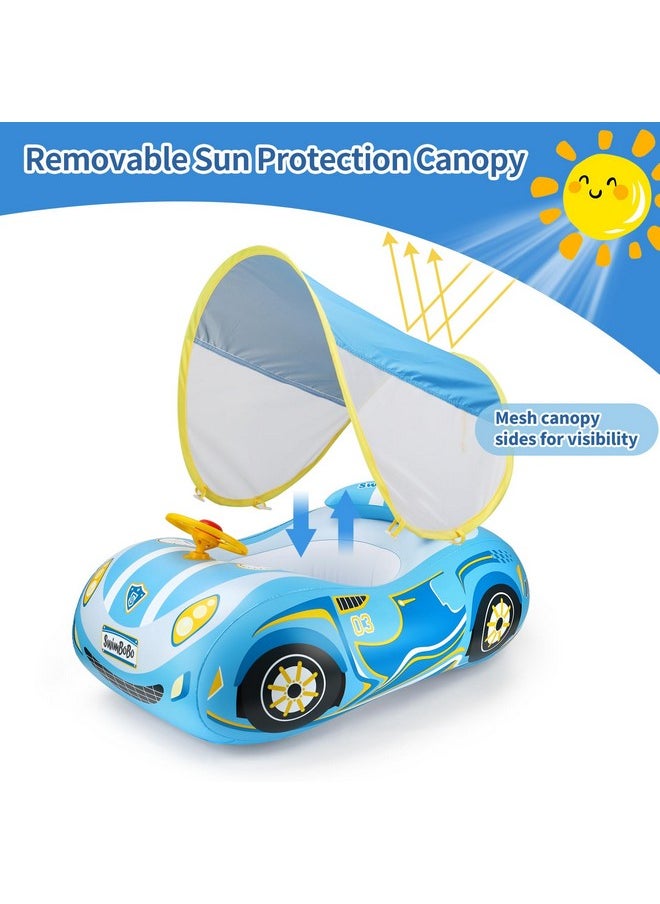 Toddler Pool Float Inflatable Car Baby Swim Float With Adjustable Sun Canopy And Safety Seat Pool Toys For Kids 1-4 Years Old (Blue Sports Car)