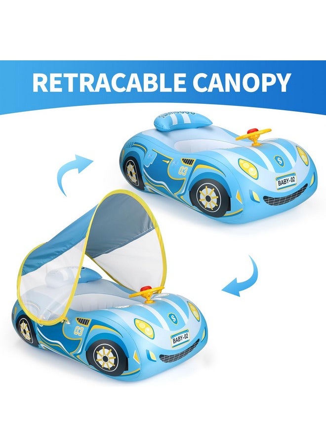 Toddler Pool Float Inflatable Car Baby Swim Float With Adjustable Sun Canopy And Safety Seat Pool Toys For Kids 1-4 Years Old (Blue Sports Car)