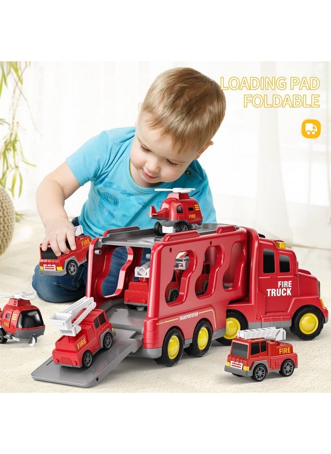 Fire Toys For 3 4 5 6 Years Old Boys Girls - 5 In 1 Carrier Truck Transport For Toddlers 1-3, Friction Power Vehicles For Kids 3-5, Christmas Birthday Gifts - Age 3-9