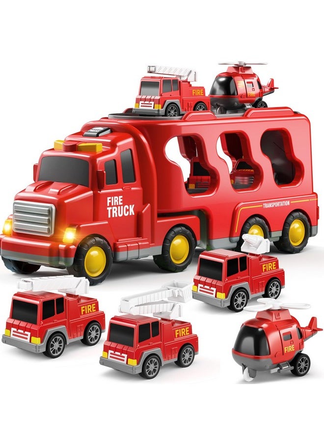 Fire Toys For 3 4 5 6 Years Old Boys Girls - 5 In 1 Carrier Truck Transport For Toddlers 1-3, Friction Power Vehicles For Kids 3-5, Christmas Birthday Gifts - Age 3-9