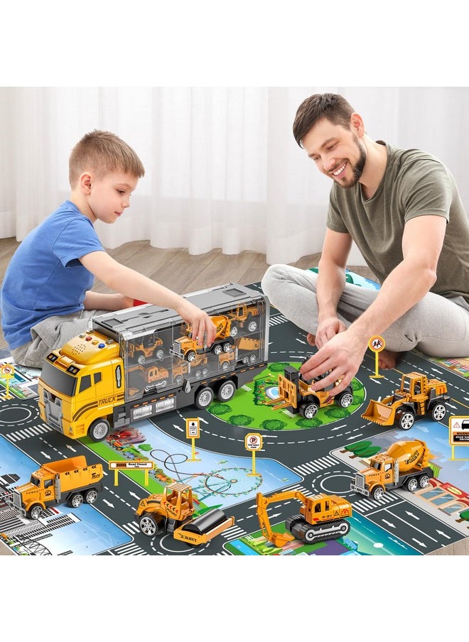 Toddler Toys For 3 4 5 6 Years Old Boys, Die-Cast Construction Toys Car Carrier Vehicle Toy Set W/Play Mat, Kids Toys Truck Alloy Metal Car Toys Set For Age 3-9 Toddlers Kids Boys & Girls