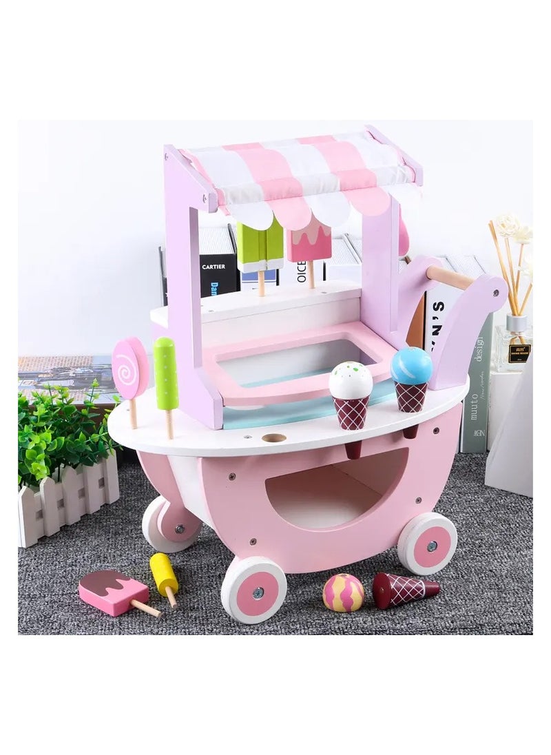 Wooden Ice Cream Cart Toy for Kids – Pretend Play Educational Toy Set for Girls & Boys, Summer-Themed Role Play with Accessories, Durable Wooden Construction, Perfect Gift for Toddlers and Preschoolers