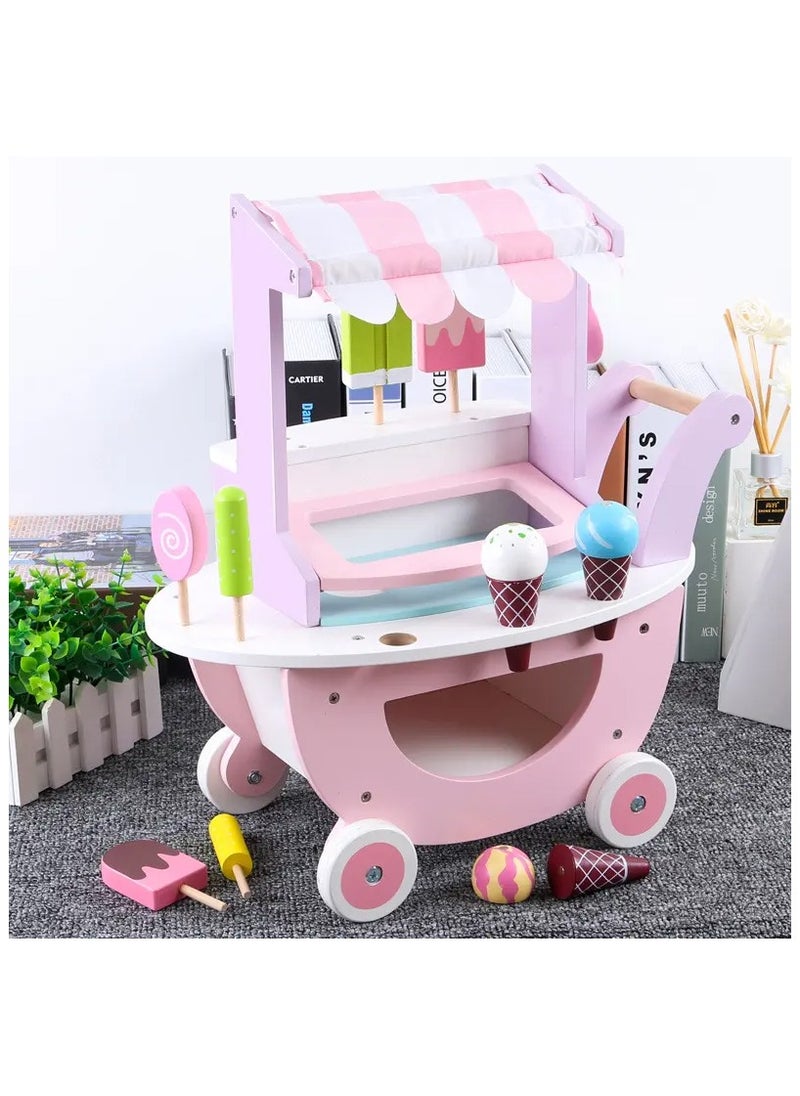 Wooden Ice Cream Cart Toy for Kids – Pretend Play Educational Toy Set for Girls & Boys, Summer-Themed Role Play with Accessories, Durable Wooden Construction, Perfect Gift for Toddlers and Preschoolers