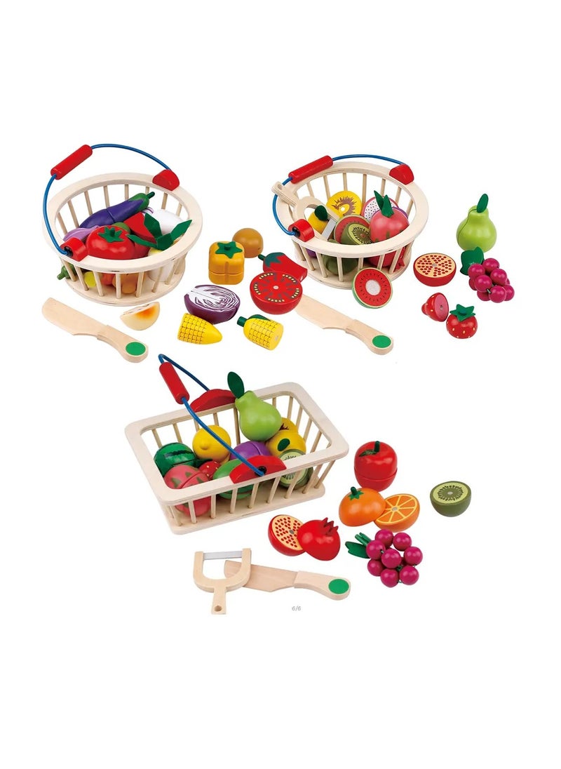 Wooden Kitchen Playhouse Toy Set – 12/14/16-Piece Pretend Play Food Set with Magnetic Cut Fruits and Vegetables, Wooden Basket Toys for Toddlers, Role-Playing Educational Kitchen Toy for Kids