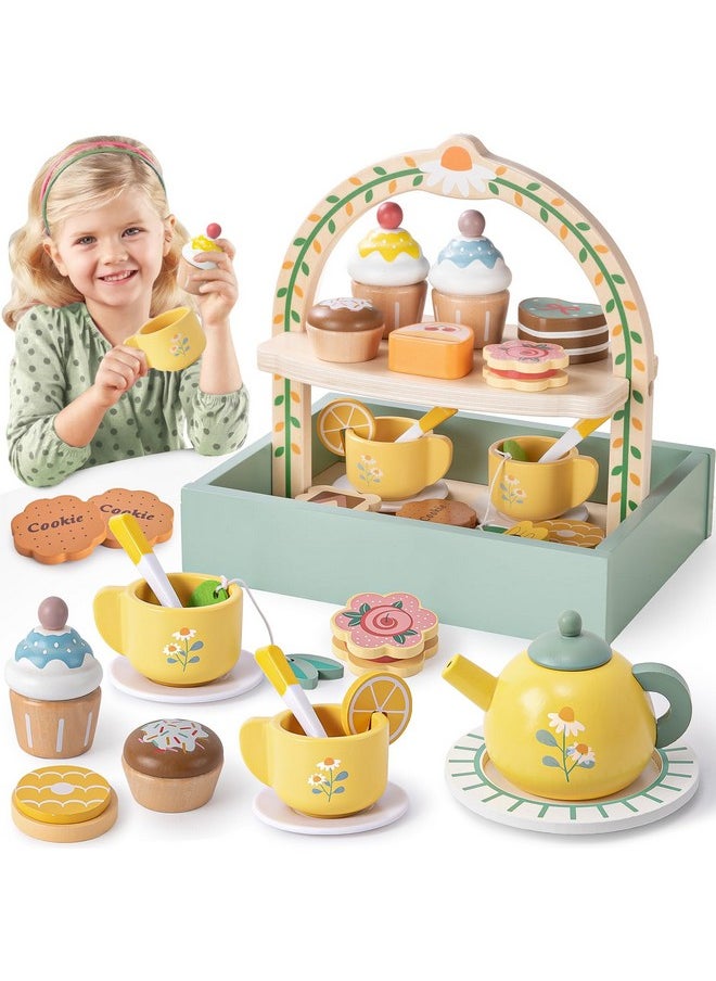 Wooden Tea Party Set For Little Girls Toys Toddler Tea Set With Storage Cupcake Stand & Play Kitchen Accessories, Wooden Toys For Toddlers 2 3 4 5 6 Years Old, Birthday Kids Girls Gifts 1-3