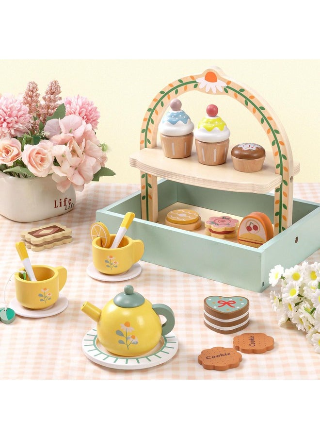 Wooden Tea Party Set For Little Girls Toys Toddler Tea Set With Storage Cupcake Stand & Play Kitchen Accessories, Wooden Toys For Toddlers 2 3 4 5 6 Years Old, Birthday Kids Girls Gifts 1-3