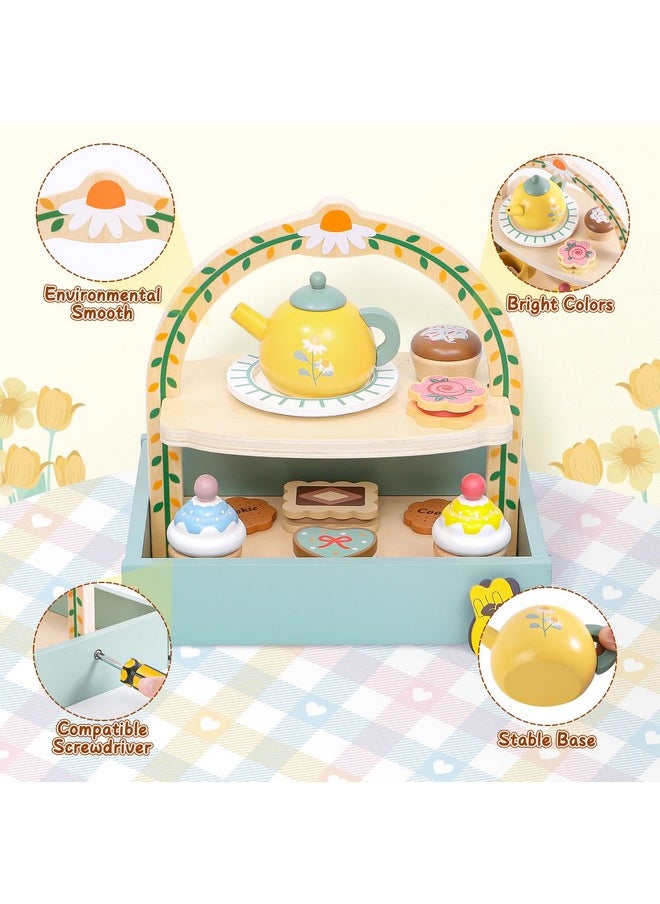 Wooden Tea Party Set For Little Girls Toys Toddler Tea Set With Storage Cupcake Stand & Play Kitchen Accessories, Wooden Toys For Toddlers 2 3 4 5 6 Years Old, Birthday Kids Girls Gifts 1-3