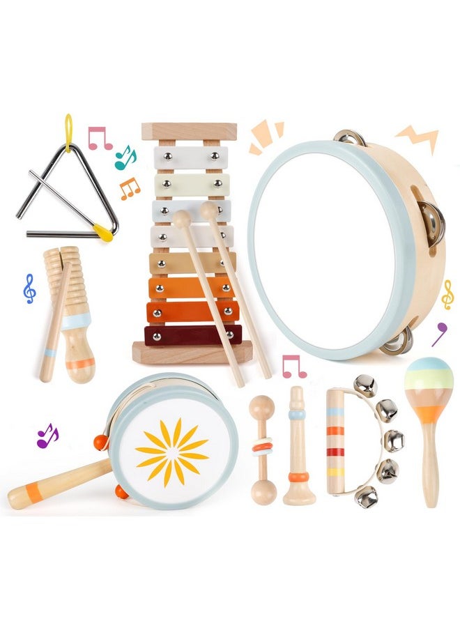 Toddler Musical Instruments-Montessori Wooden Educational Toys For Toddlers 1-3,Baby Musical Instruments,Neutral Color Musical Instruments Set With Xylophone,Maracas,Bell,Birthday Gift For Ages 1 2 3