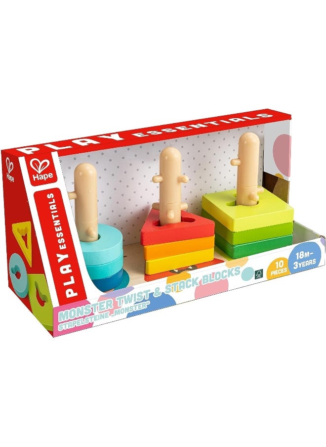 Hape, Wooden Monster Twist & Stack Blocks Puzzle 10 pcs, Shape Sorting & Stacking Blocks, For Toddlers, Wooden Toys, Great For Colour & Shape Recognition