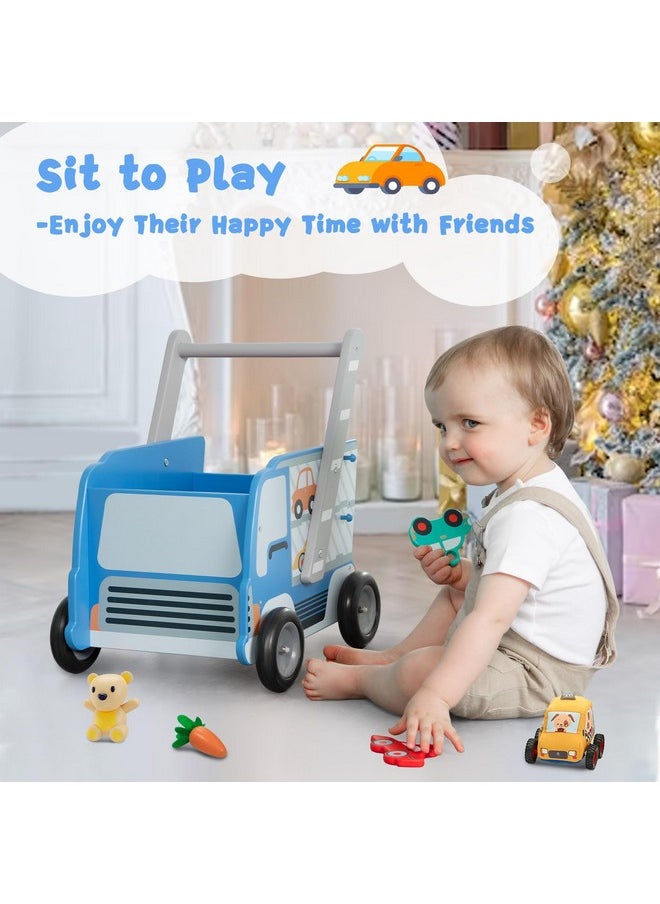 Baby Wooden Learning Walker, 2-In-1 Toddler Push & Pull Toys Stroller Pushing Walker, Infant Sit To Stand Wood Walker Wagon, Transfer Cart Toy For Girls & Boys 1-3 Years Old Kids, Blue