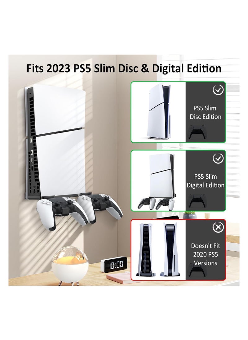 Wall Mount Stand for Wall Mount for PS5 Slim 2023 (Disc And Digital Edition) With 2 Removable Controller Holder , Screw Fixing (White)