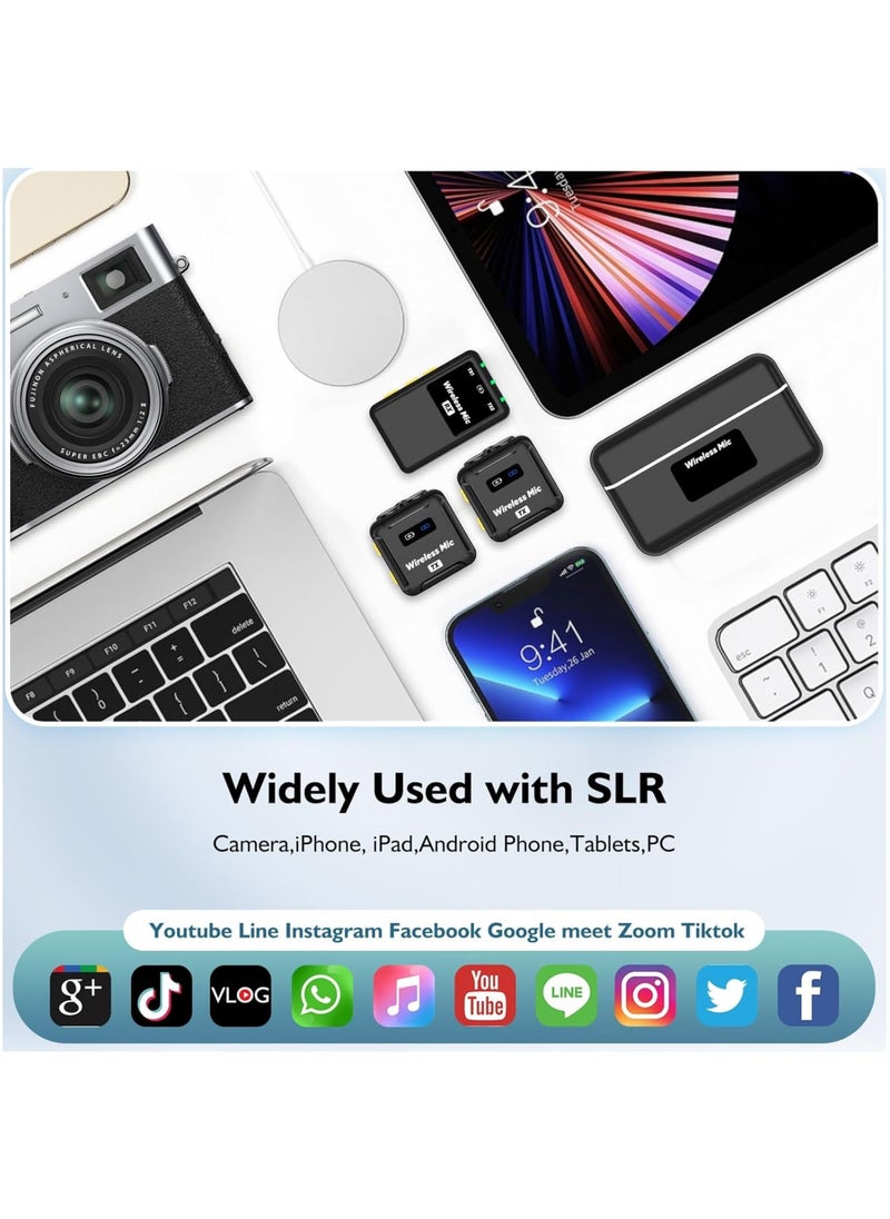 Wireless Lavalier Microphone (2 TX + 1RX + Charging Case) for DSLR Camera iPhone Android PC 656FT Range Professional Lapel Mic Wireless with 48KHZ/24Bit Clear Voice, 30Hours Vlogging
