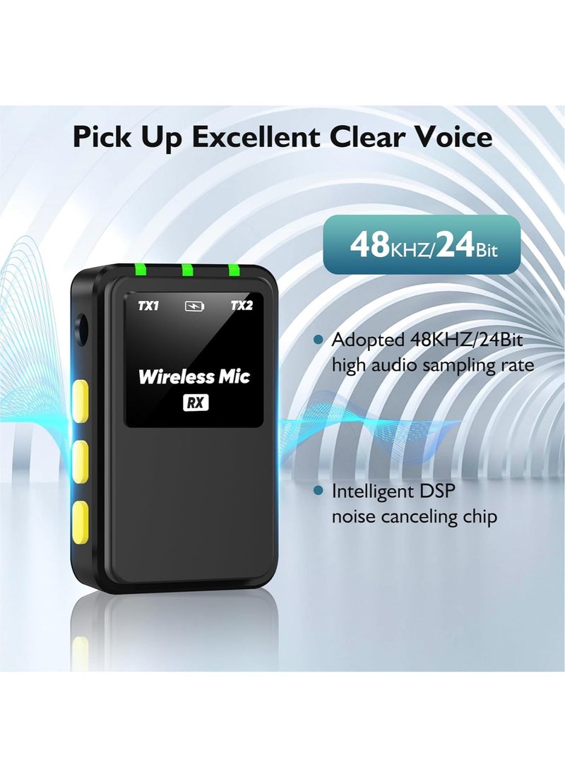 Wireless Lavalier Microphone (2 TX + 1RX + Charging Case) for DSLR Camera iPhone Android PC 656FT Range Professional Lapel Mic Wireless with 48KHZ/24Bit Clear Voice, 30Hours Vlogging