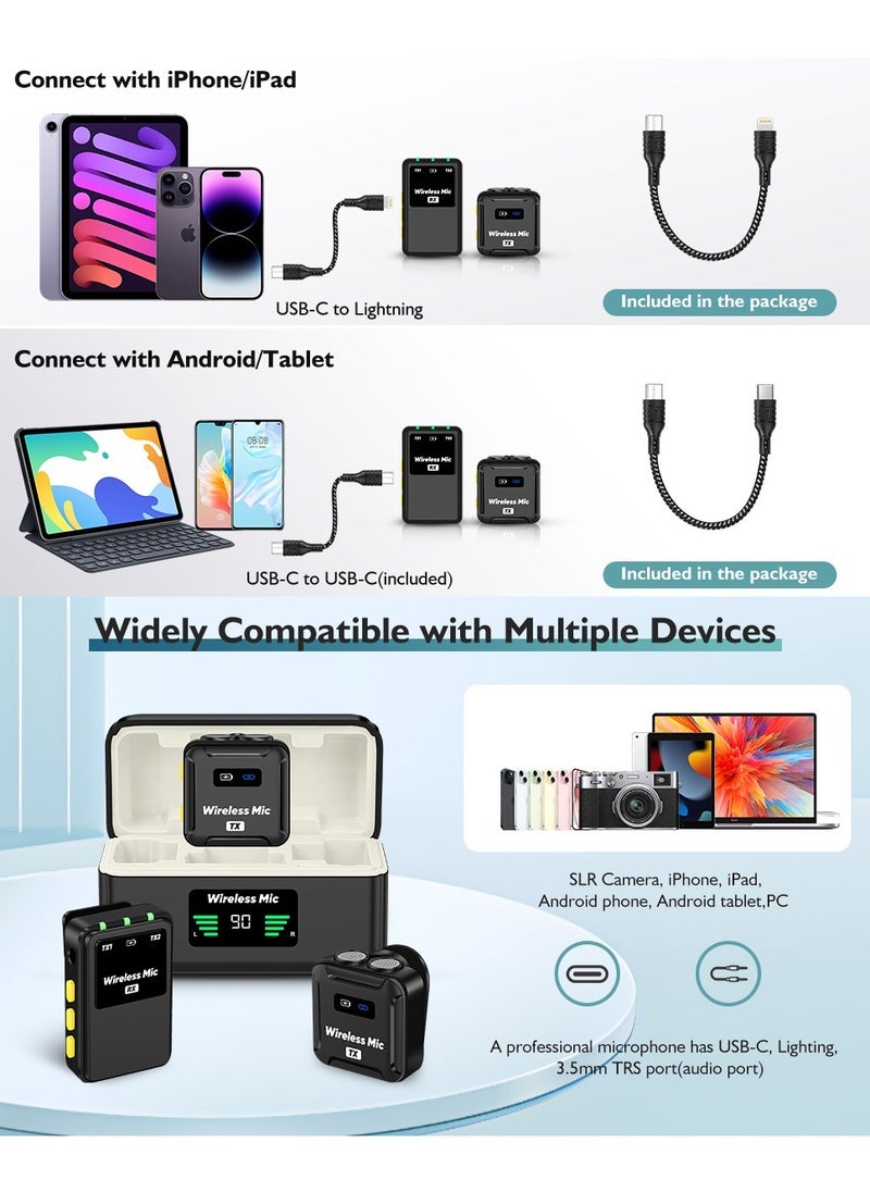 Wireless Lavalier Microphone (2 TX + 1RX + Charging Case) for DSLR Camera iPhone Android PC 656FT Range Professional Lapel Mic Wireless with 48KHZ/24Bit Clear Voice, 30Hours Vlogging