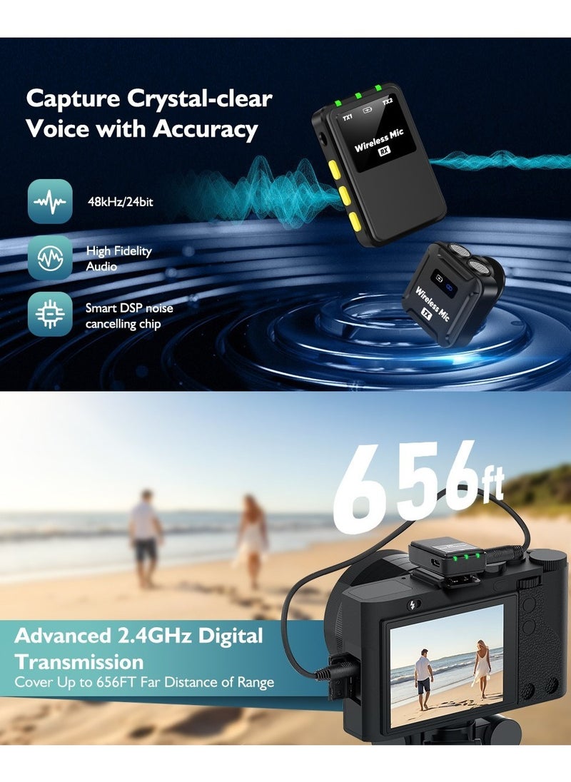 Wireless Lavalier Microphone (2 TX + 1RX + Charging Case) for DSLR Camera iPhone Android PC 656FT Range Professional Lapel Mic Wireless with 48KHZ/24Bit Clear Voice, 30Hours Vlogging