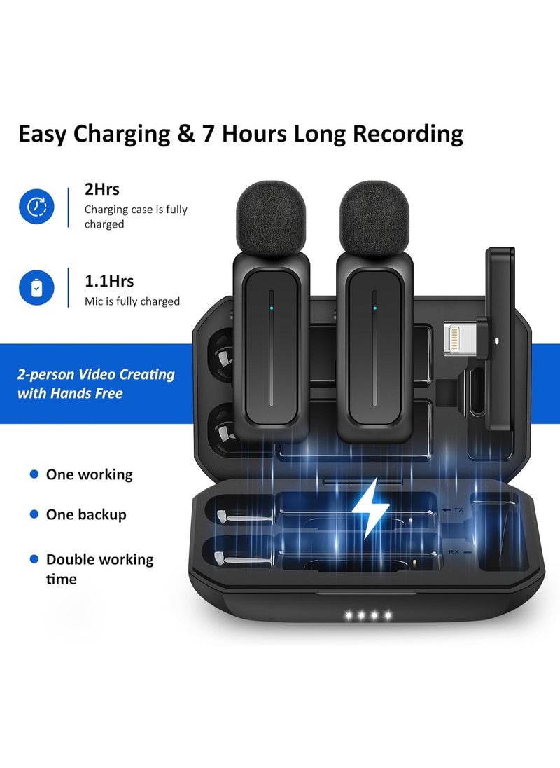 2 Pcs Wireless Lavalier Microphone for iPhone iPad Android with Charging Case 7H Clip on Lapel Microphone Wireless for Video Recording Vlogging, YouTube, Interview, 3 Mode Denoise, 70ft