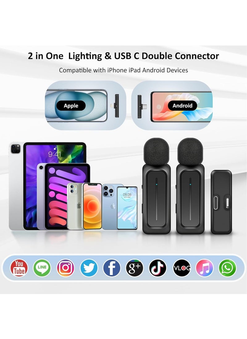2 Pcs Wireless Lavalier Microphone for iPhone iPad Android with Charging Case 7H Clip on Lapel Microphone Wireless for Video Recording Vlogging, YouTube, Interview, 3 Mode Denoise, 70ft