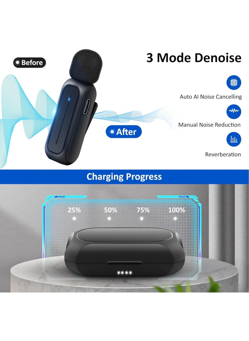 2 Pcs Wireless Lavalier Microphone for iPhone iPad Android with Charging Case 7H Clip on Lapel Microphone Wireless for Video Recording Vlogging, YouTube, Interview, 3 Mode Denoise, 70ft