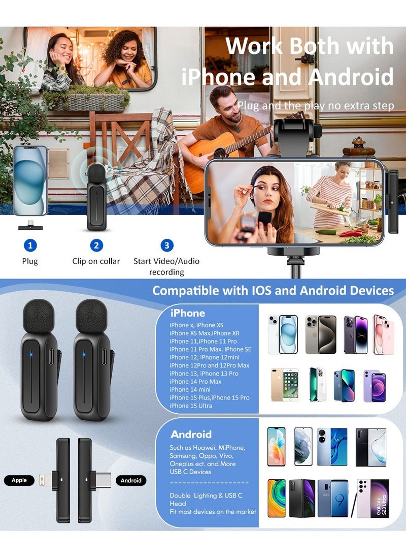 2 Pcs Wireless Lavalier Microphone for iPhone iPad Android with Charging Case 7H Clip on Lapel Microphone Wireless for Video Recording Vlogging, YouTube, Interview, 3 Mode Denoise, 70ft