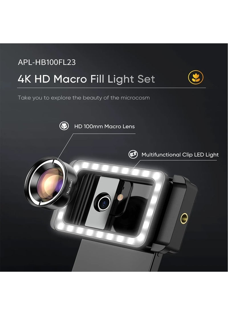 Upgraded 4K HD 100mm Macro Lens with LED Fill Light, Universal Clamp Micro Lenses for Samsung and All Smartphones