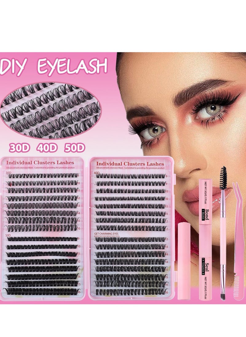 4 Styles DIY Eyelash Extension Kit 640 Clusters, 9-16mm Mixed Individual Lashes Cluster, Natural Curl Personal Eyelash Set, Segmented False Eyelashes, Thick Eyelashes