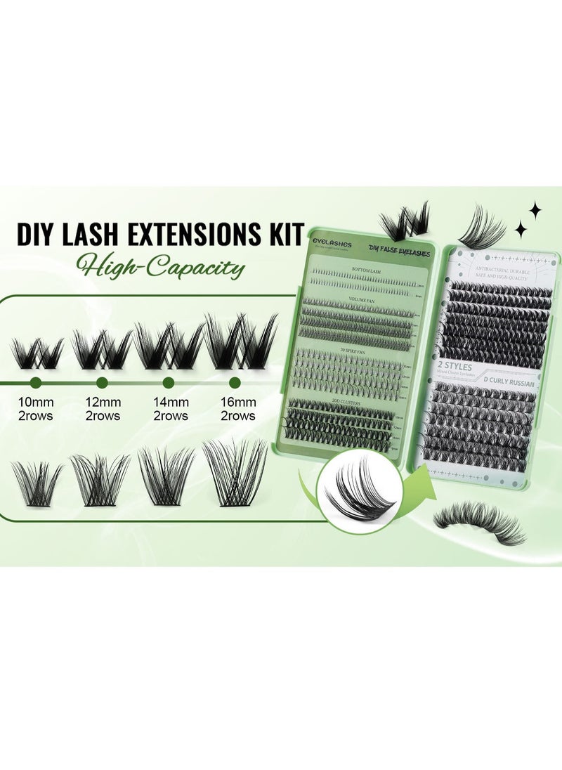 4 Styles DIY Eyelash Extension Kit 551 Clusters, 10-16mm Mixed Individual Lashes Cluster, Natural Curl Personal Eyelash Set, Segmented False Eyelashes, Thick Eyelashes