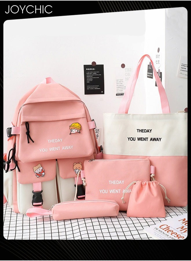Large Capacity School Backpack Set Waterproof Canvas Bookbag With Pencil Pouch For Middle High College Students Pink