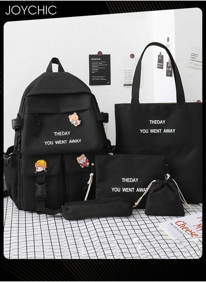 5-piece Large Capacity School Backpack Set Waterproof Canvas Bookbag With Pencil Pouch For Middle High College Students Black