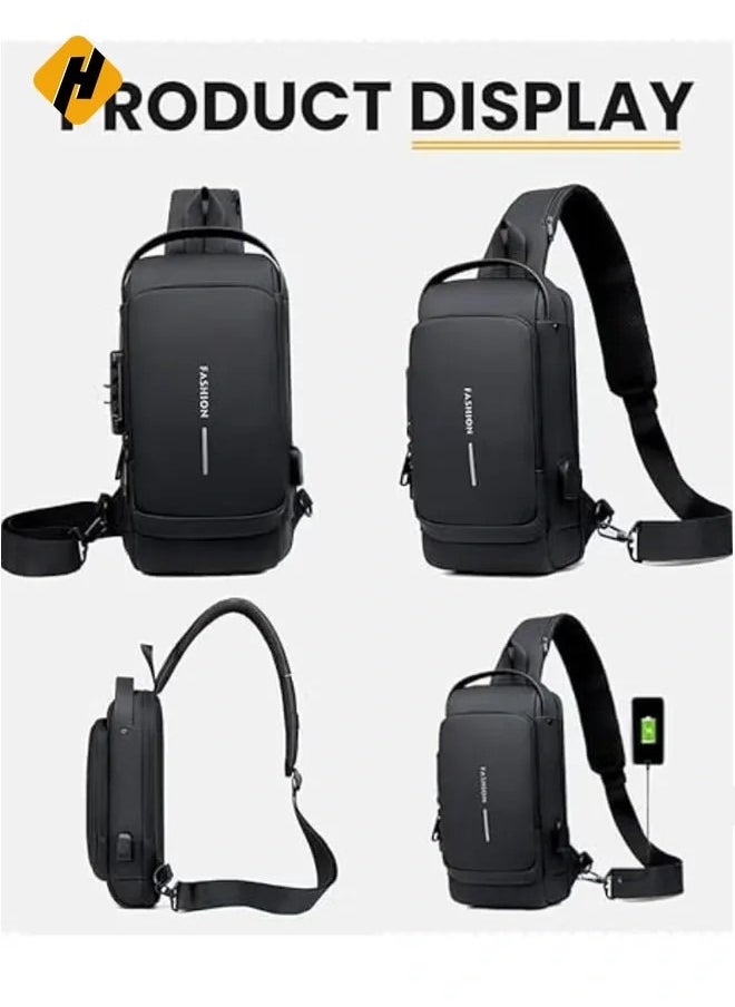 Waterproof Leather Crossbody Sling Bag with USB Charging Port - Casual Shoulder Backpack for Men & Women, Perfect for Travel & Hiking